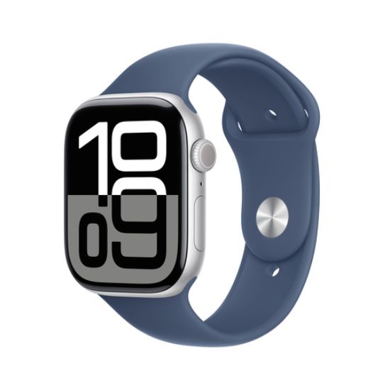 Immagine di Apple Watch Series 10 Serie 10 GPS 46mm Cassa in Alluminio Color Argento con Denim Sport Band - M/L